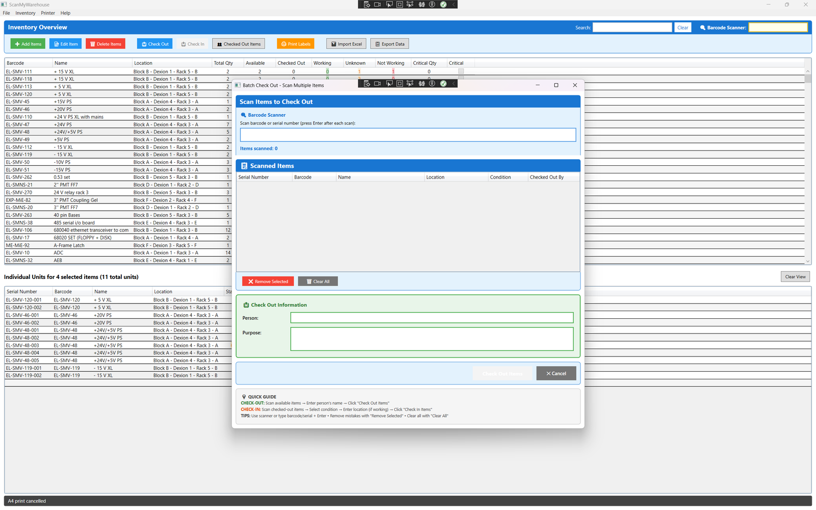 Check-out dialog for tracking who has items