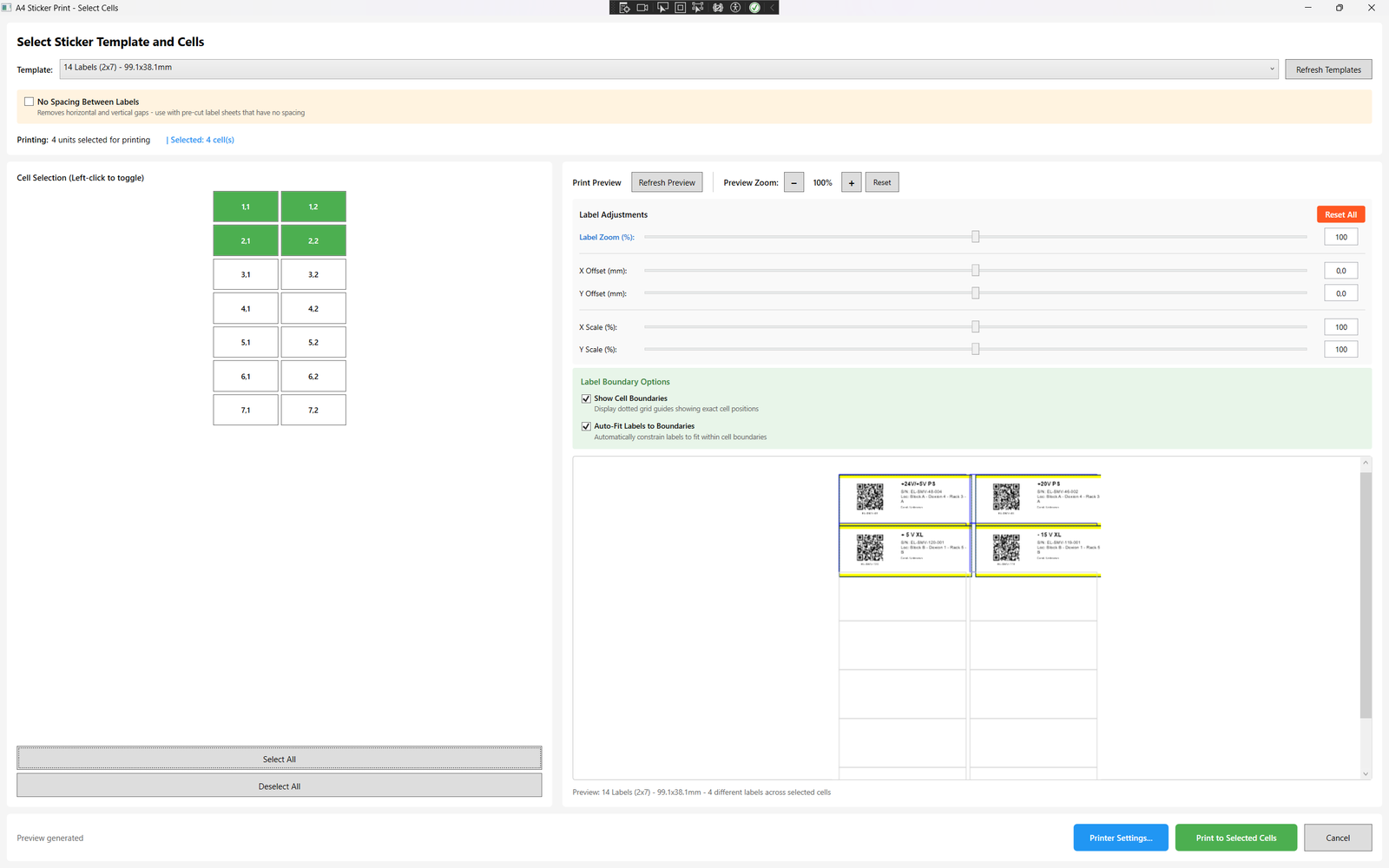 A4 print dialog showing label preview and cell selection