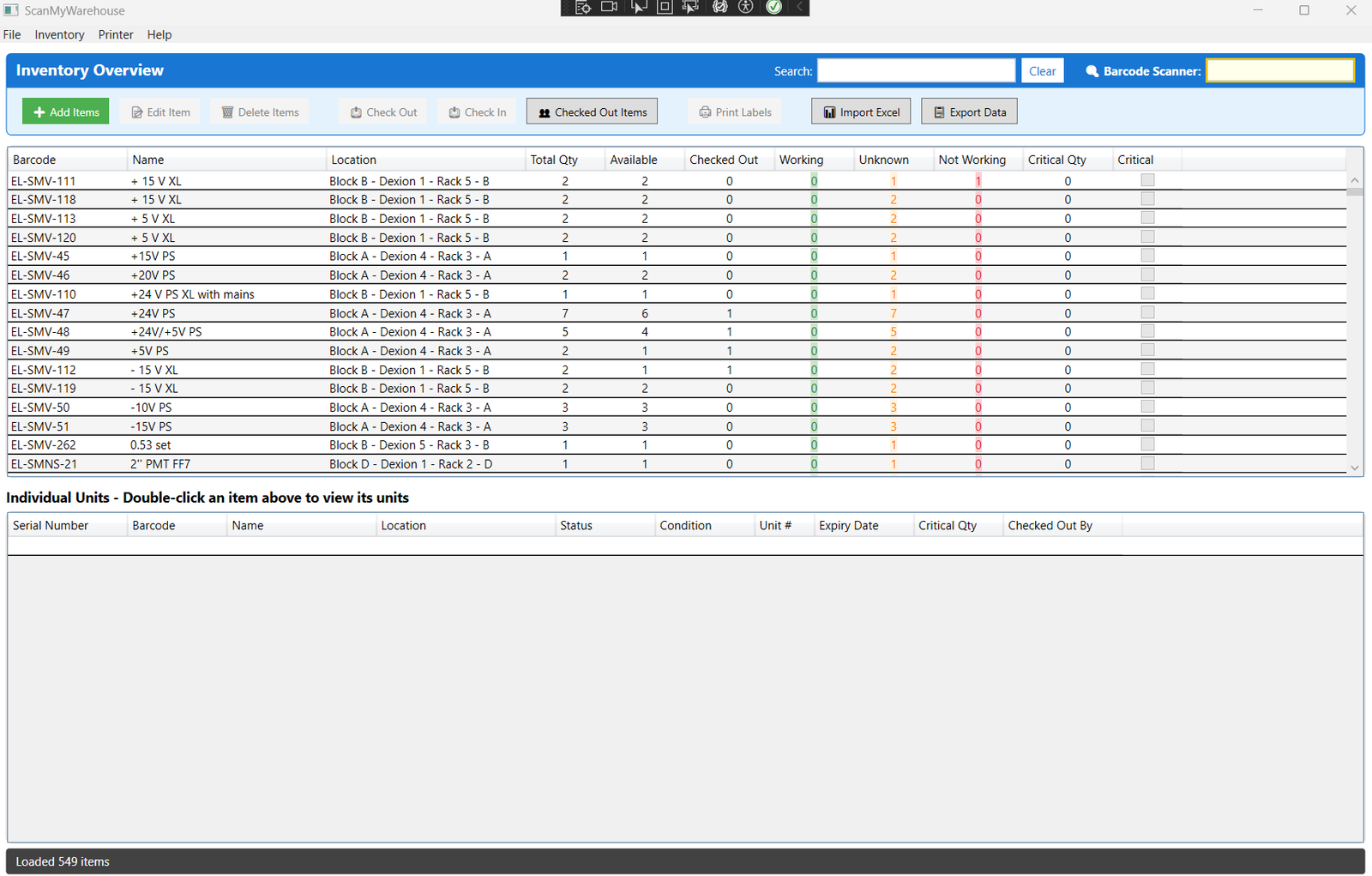 ScanMyWarehouse main inventory list showing items with barcodes, locations, and statuses